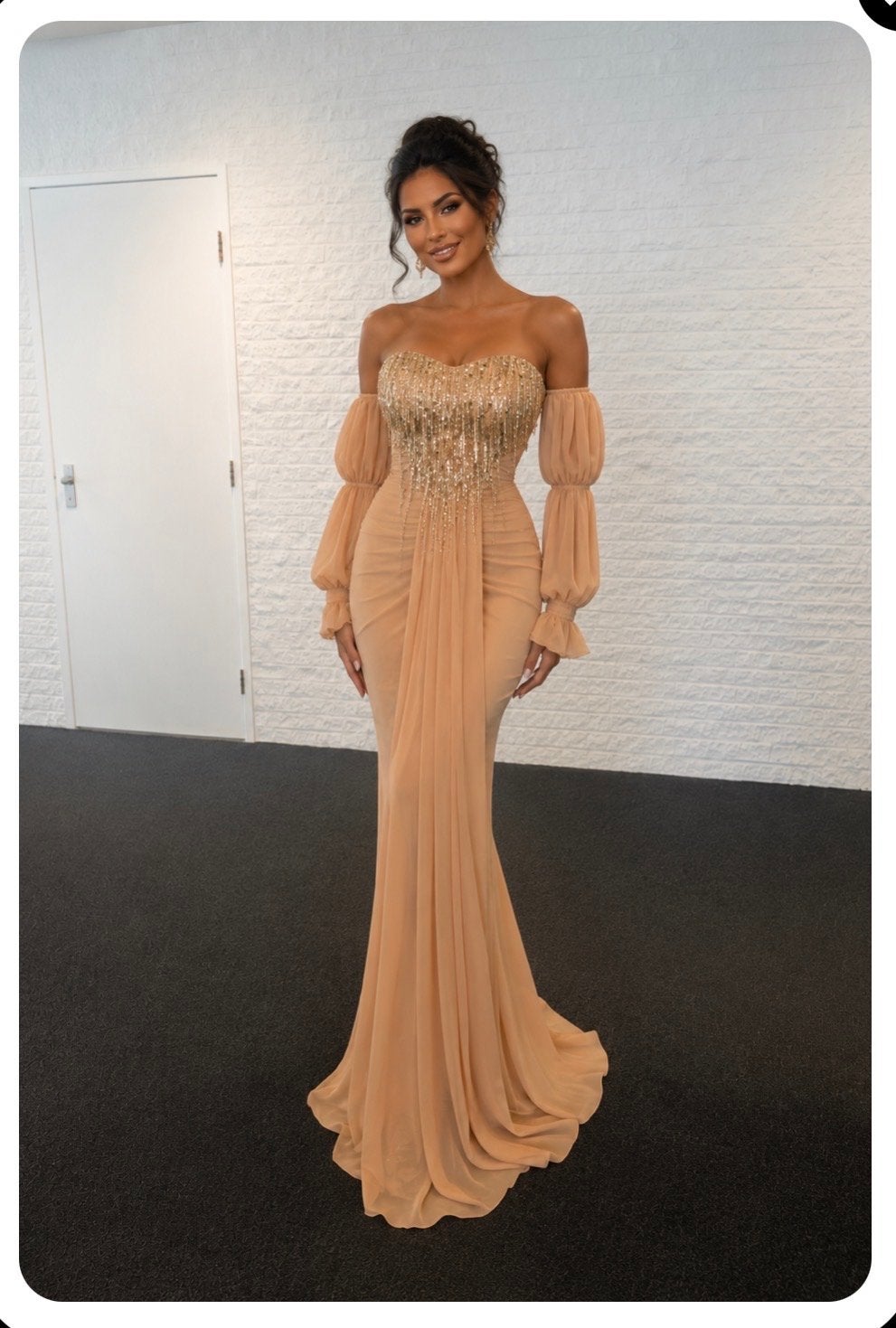 Elegante Galajurk met Off-Shoulder Mouwen en Pailletten, Ophalen, Galajurk, Beige, Maat 42/44 (L)