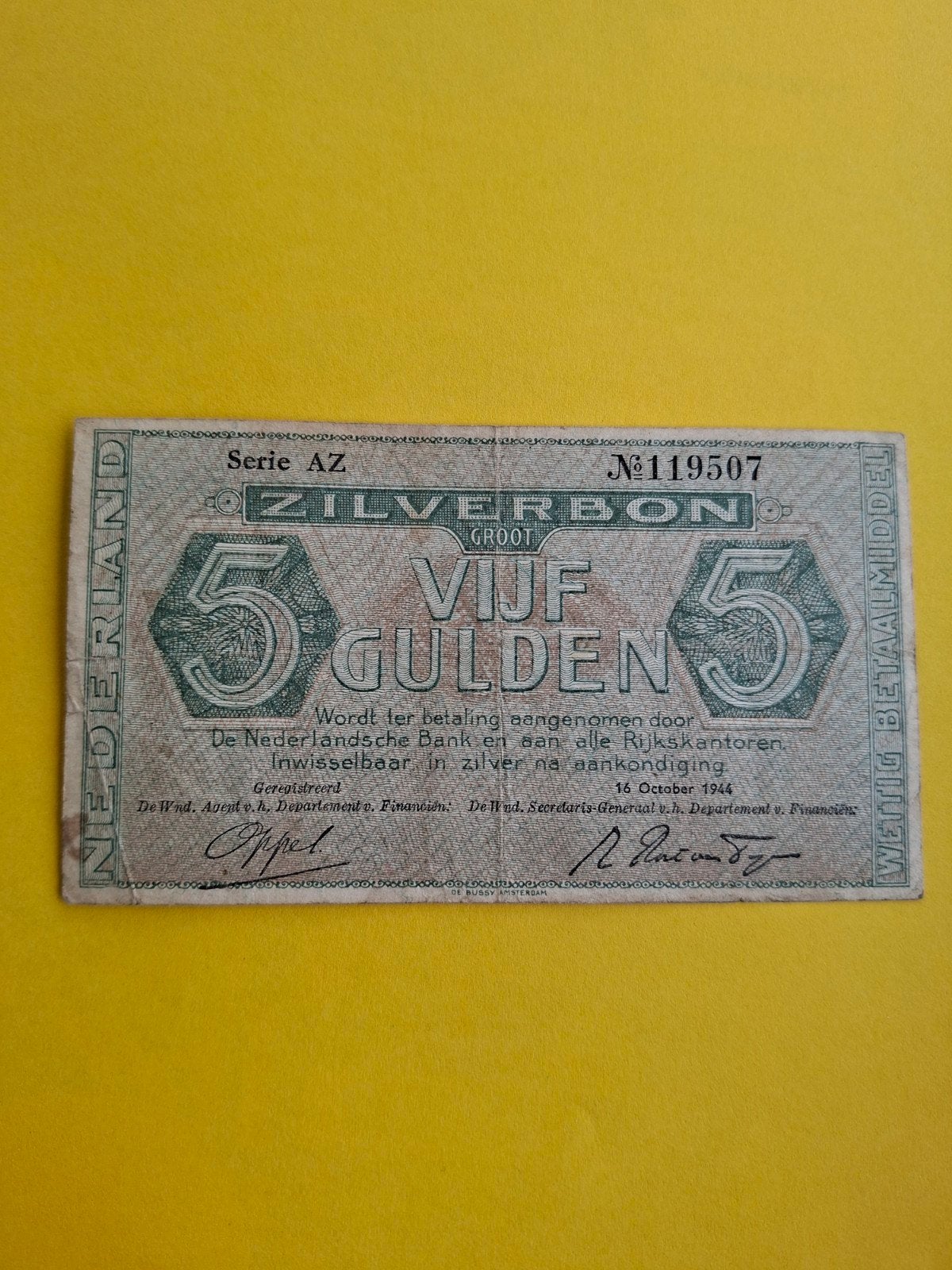 5 gulden Zilverbon uit 1944 in ZF, Ophalen of Verzenden, 5 gulden, Los biljet