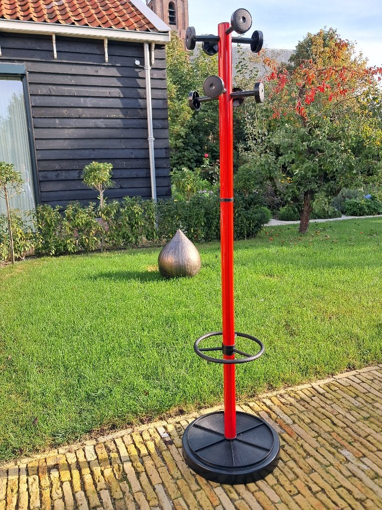 Vintage rode staande kapstok met paraplubak, Ophalen of Verzenden, Zo goed als nieuw, Metaal, Staande kapstok