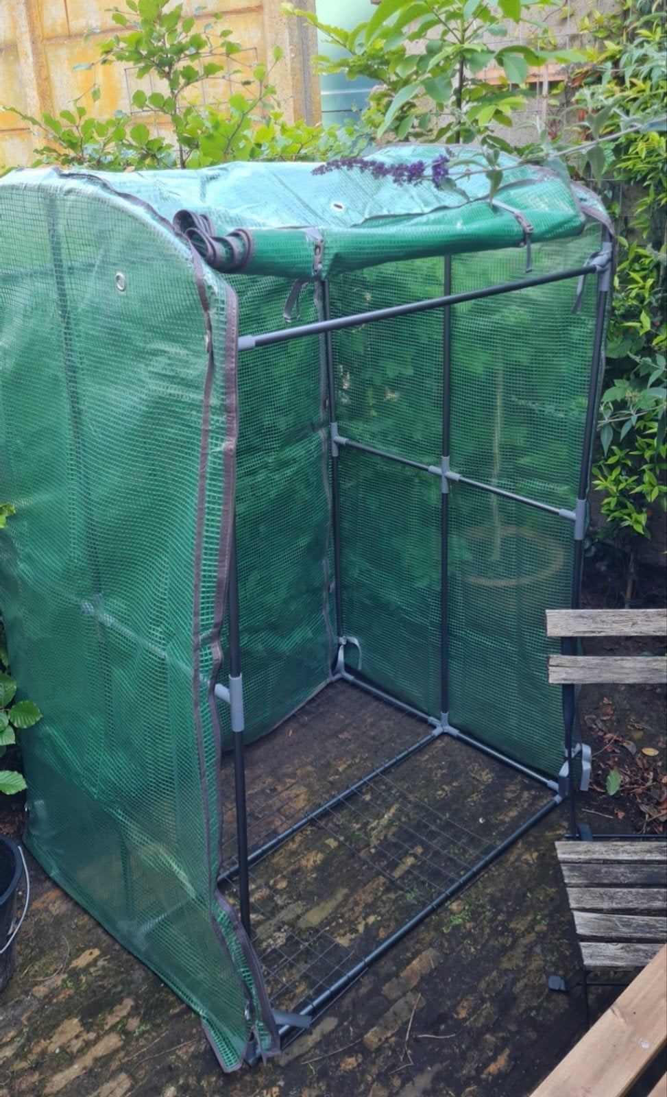 Een (tomaten) tuinkas aan twee kanten te openen., Gebruikt, Muurkas, Folie, Ophalen