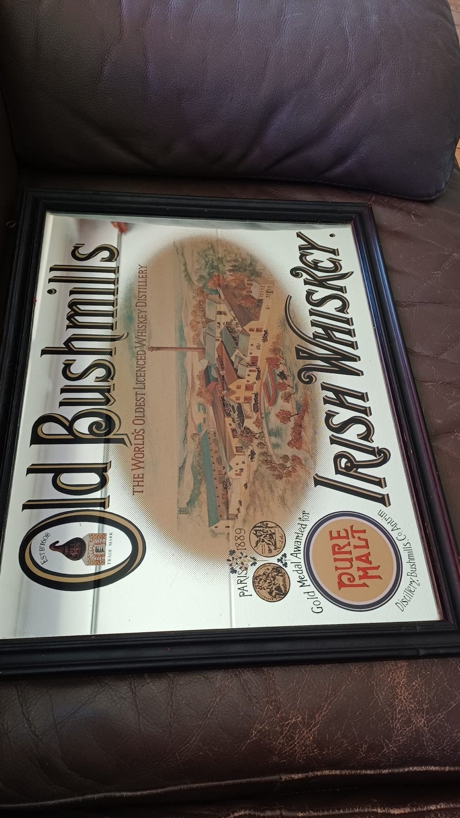 Vintage Old Bushmills Irish Whiskey spiegel 49x39, Ophalen, Gebruikt, Rechthoekig, 50 tot 75 cm