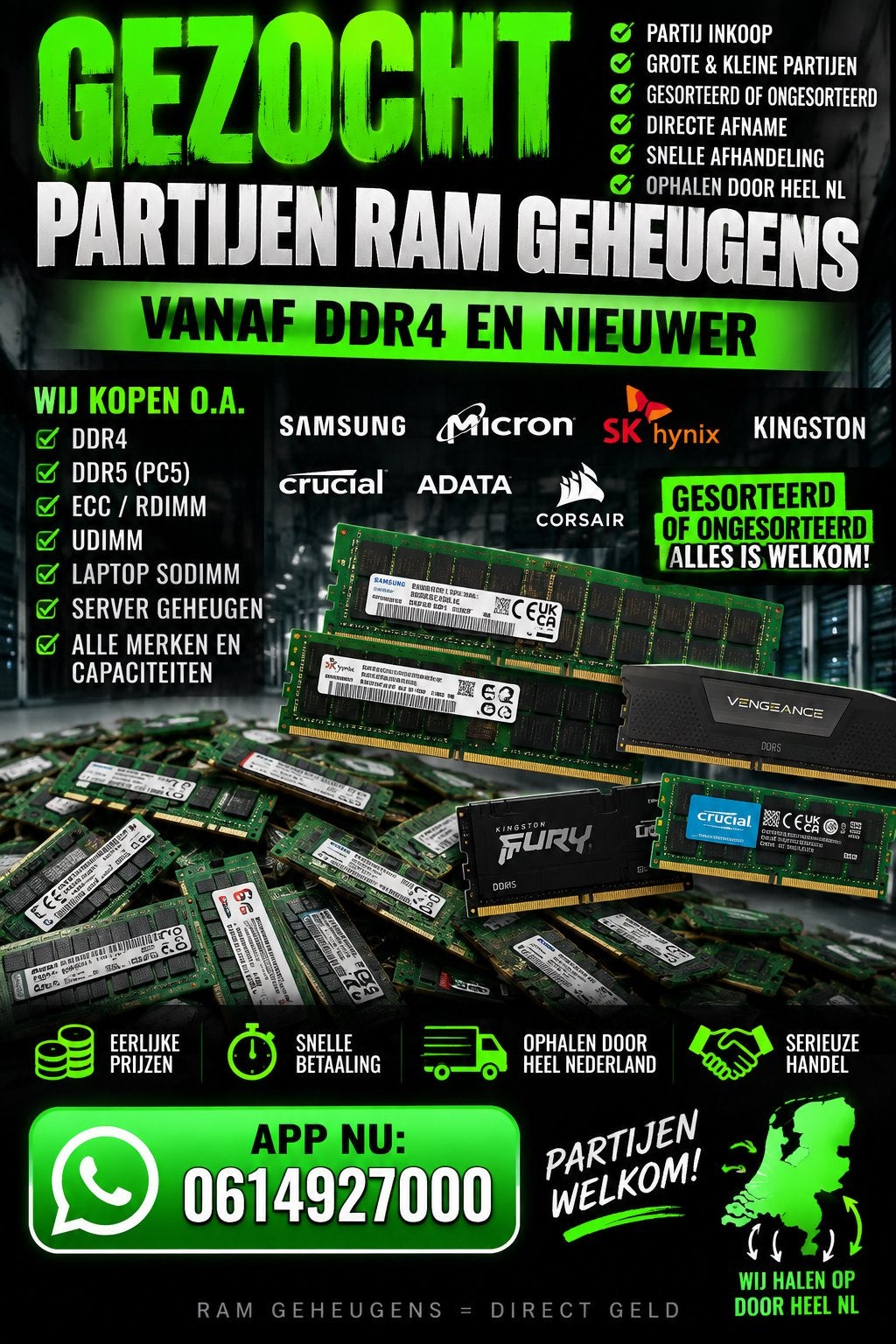 Gezocht: Partijen RAM Geheugen (DDR4 en nieuwer), Computers en Software, Ophalen of Verzenden, Gebruikt, DDR4