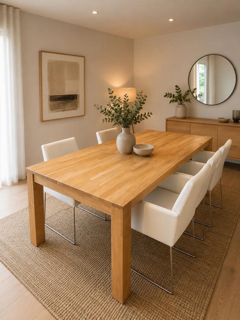 Tafel lichte kleur hout met vier stoelen (wit, leer), Huis en Inrichting, Tafels | Eettafels, Ophalen, Gebruikt, 50 tot 100 cm