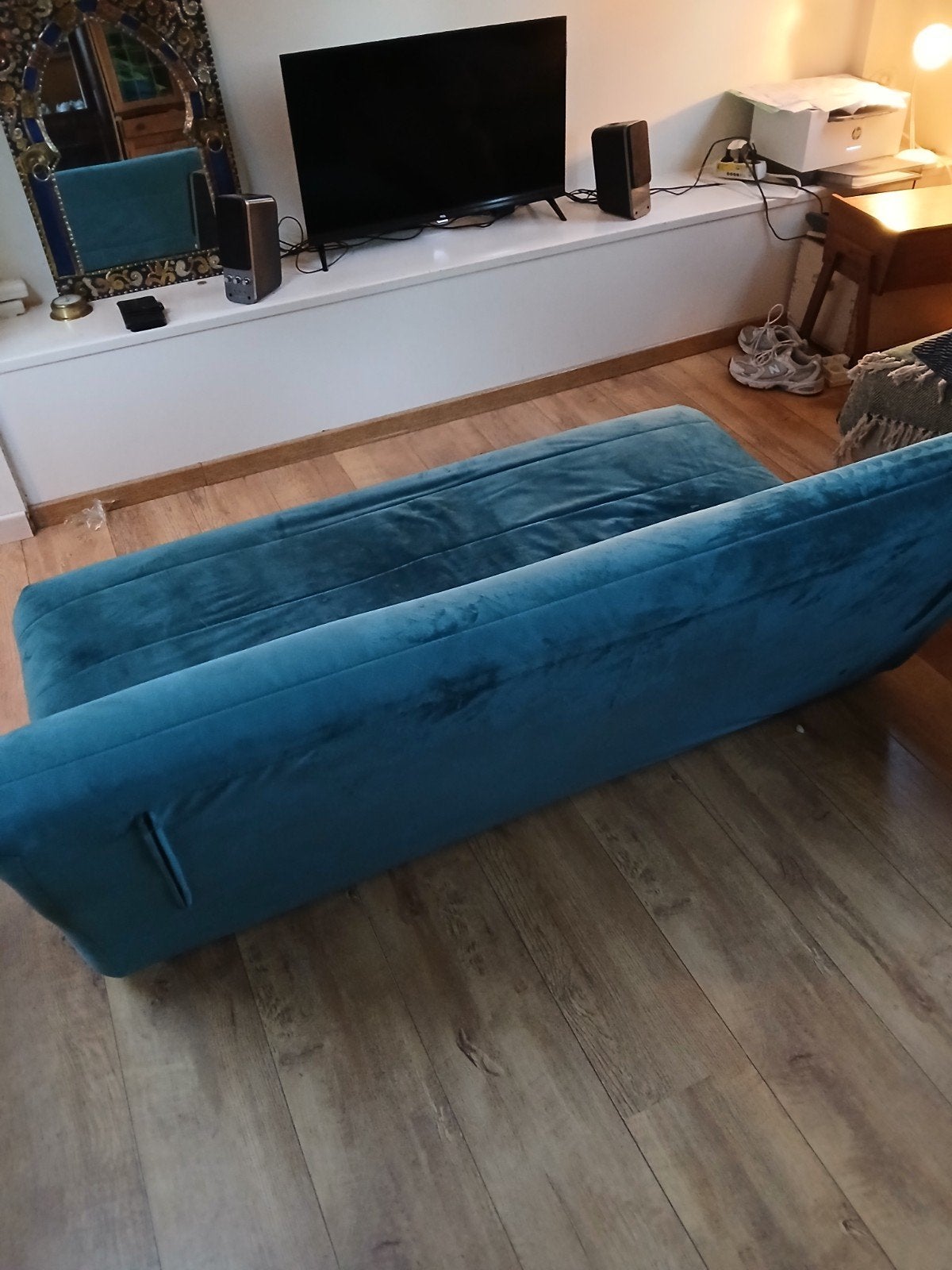 Petrol blauw/groen slaapbankje velours, Ophalen, Gebruikt, 90 cm, Blauw
