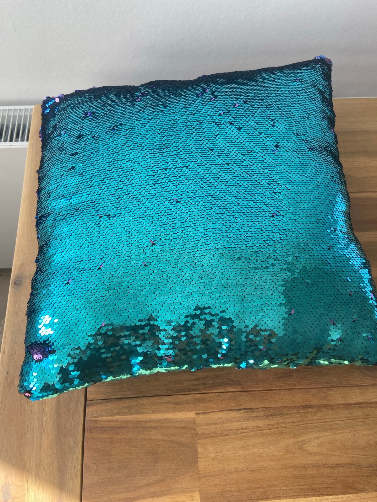 Omkeerbaar pailletten kussen - Turquoise/Paars, Gebruikt, Meerkleurig, Inclusief binnenkussen, Vierkant