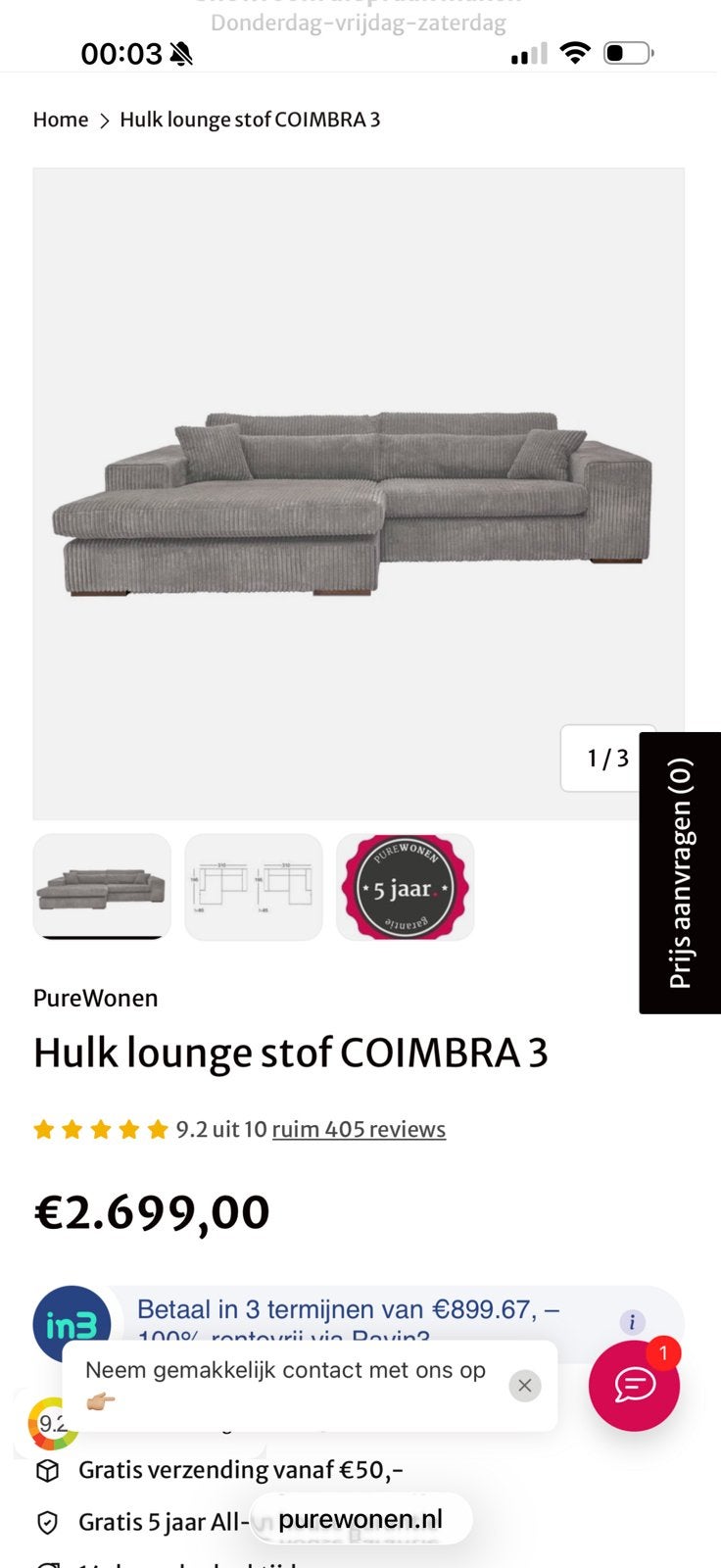 Koopje! Ribstof loungebank “Hulk”, Ophalen, Gebruikt, Hoekbank, 300 cm of meer