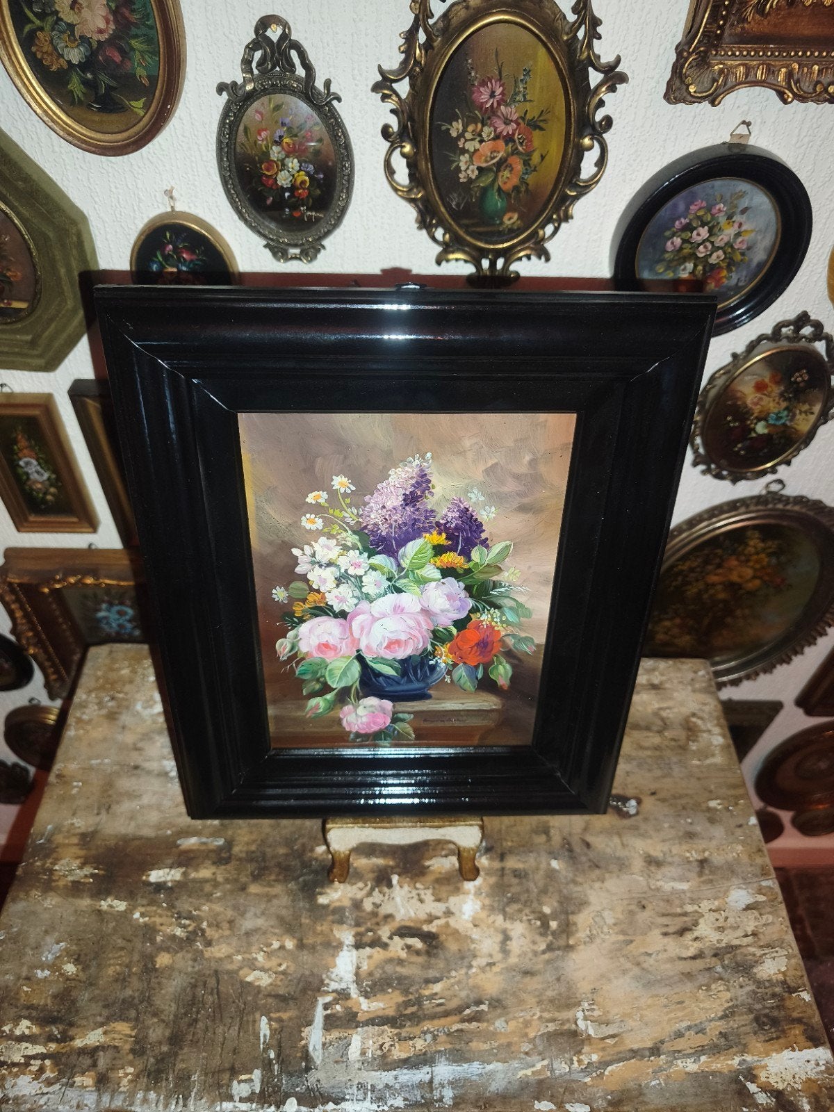 oud schilderijtje schilderij lijst stilleven bloemen X45, Antiek en Kunst, Ophalen of Verzenden