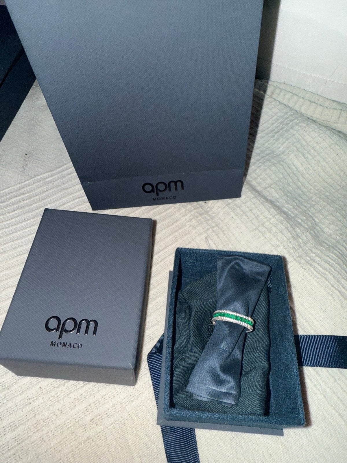 APM Monaco Cordage Ring Zilver met Groene Steentjes Maat 62, 20 of groter, Ophalen of Verzenden, Zo goed als nieuw, Met edelsteen