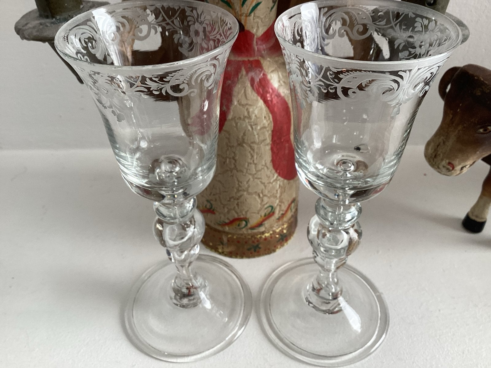 Set van 2 antieke glazen met gravure, Antiek en Kunst, Ophalen of Verzenden