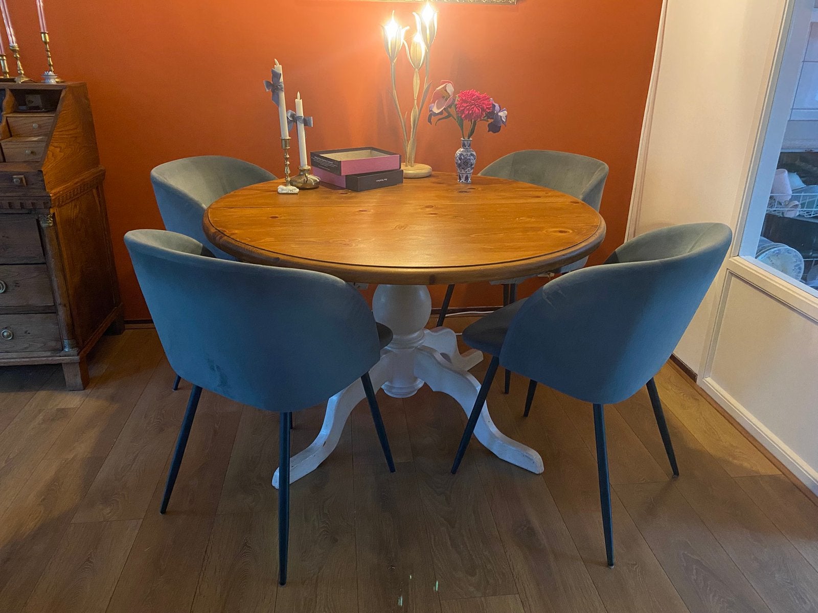 4 eetkamerstoelen blauwgroen Søstrene Grene, Huis en Inrichting, Ophalen, Rond, 50 tot 100 cm, Zo goed als nieuw