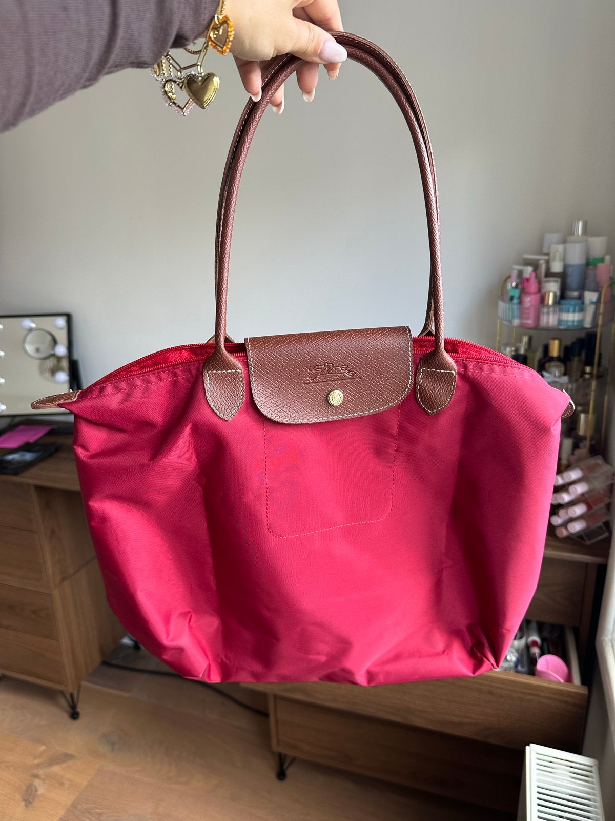 Longchamp Le Pliage Handtas - Framboosrood, Ophalen of Verzenden, Gebruikt, Roze, Handtas