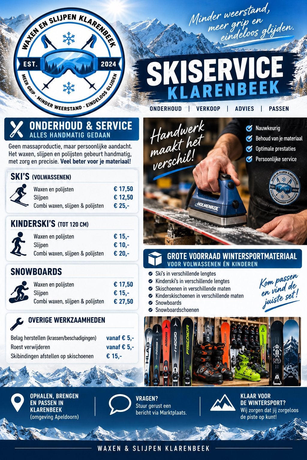 Waxen & slijpen ski en board + grote voorraad ski’s&schoenen, Sport en Fitness, Ophalen of Verzenden