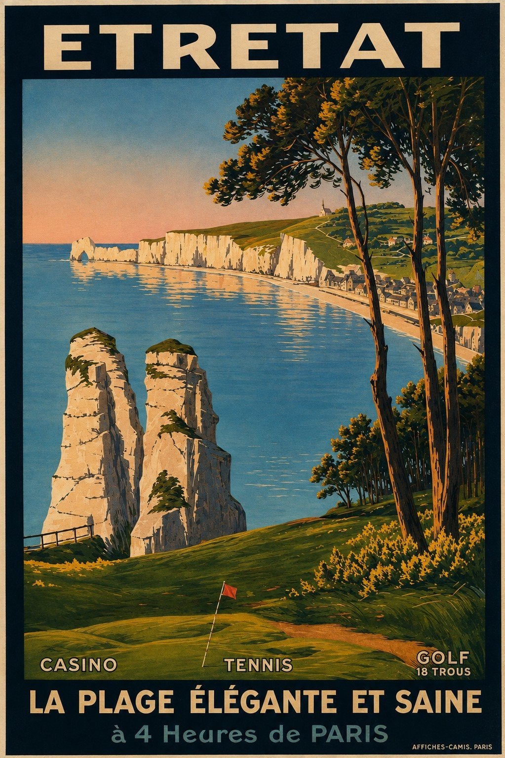 Vintage Etretat Reclameposter - La Plage Élégante et Saine, Ophalen of Verzenden