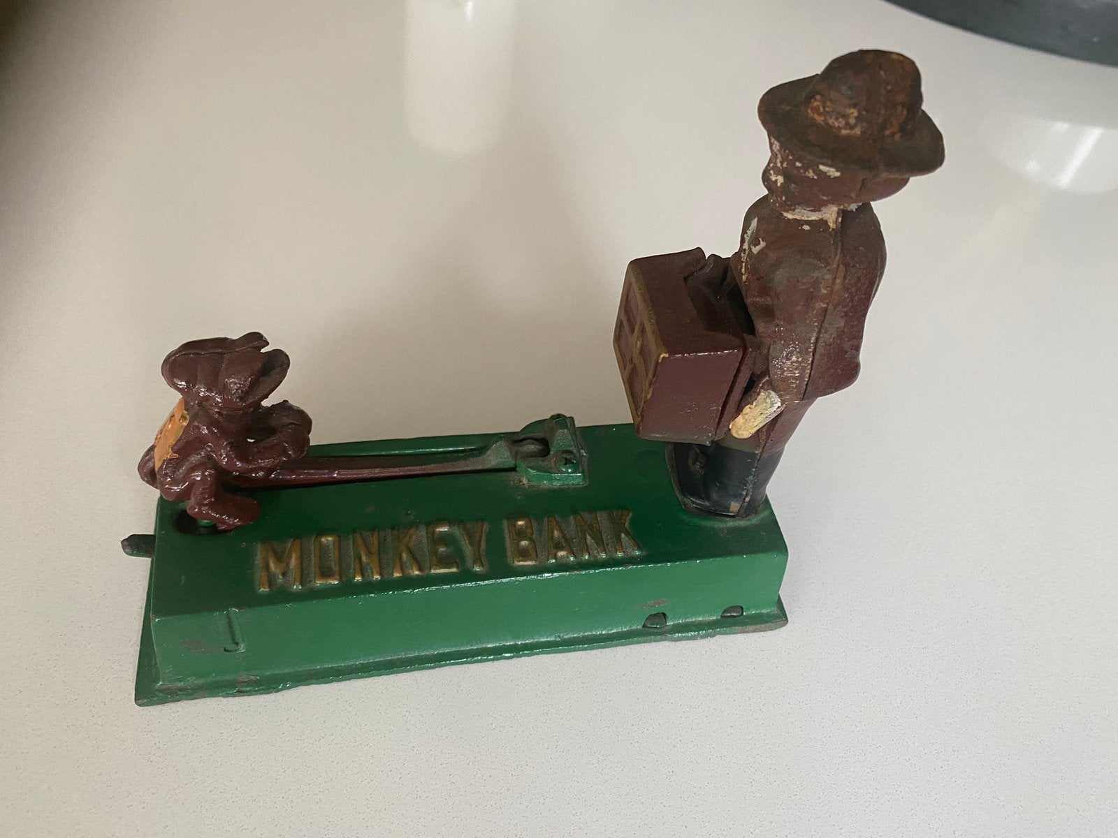 Monkey Bank gietijzeren spaarpot, Ophalen of Verzenden, Gebruikt, Metaal of Blik, Dier