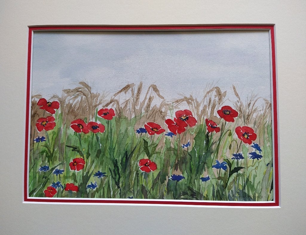 aquarel klaprozen korenbloem - gesigneerd c timmer, Bloemen, Realistisch, Ophalen of Verzenden, Aquarel