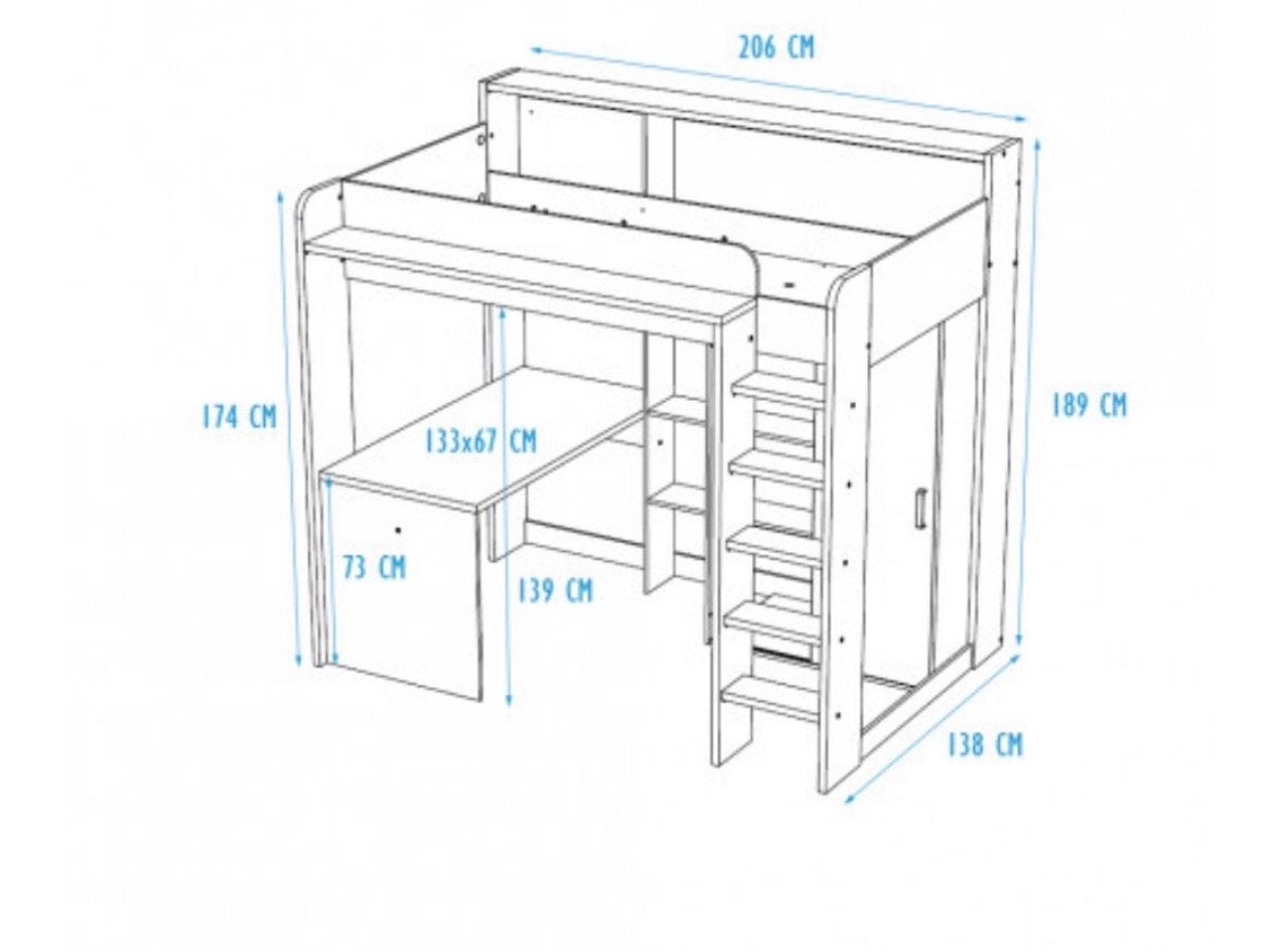 Parisot Hoogslaper met kast, bureau en hek, Ophalen, Hoogslaper, Eenpersoons, 200 cm