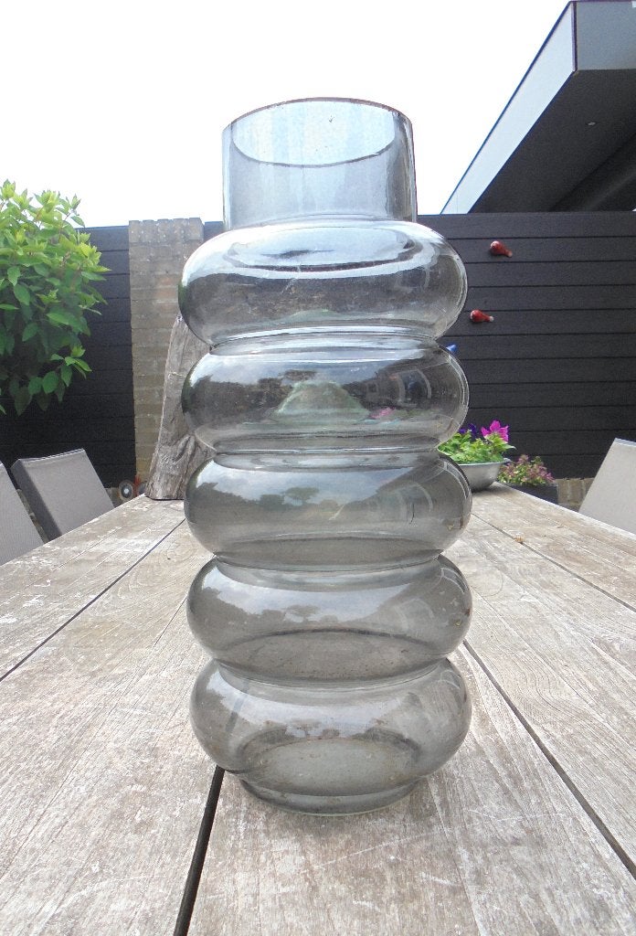 Grote glazen design "BUBBLES" gelubte vaas smokey grijs., Ophalen of Verzenden, Gebruikt, Overige kleuren, Glas