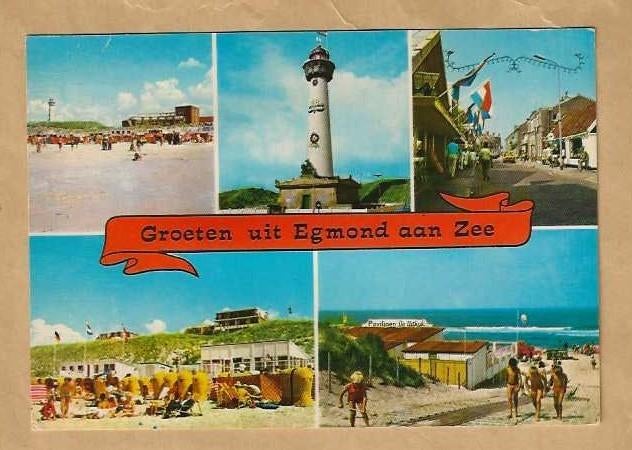 Ansichtkaart. Groeten uit Egmond aan Zee. Vuurtoren. Strand., Ophalen of Verzenden, 1960 tot 1980, Gelopen, Noord-Holland