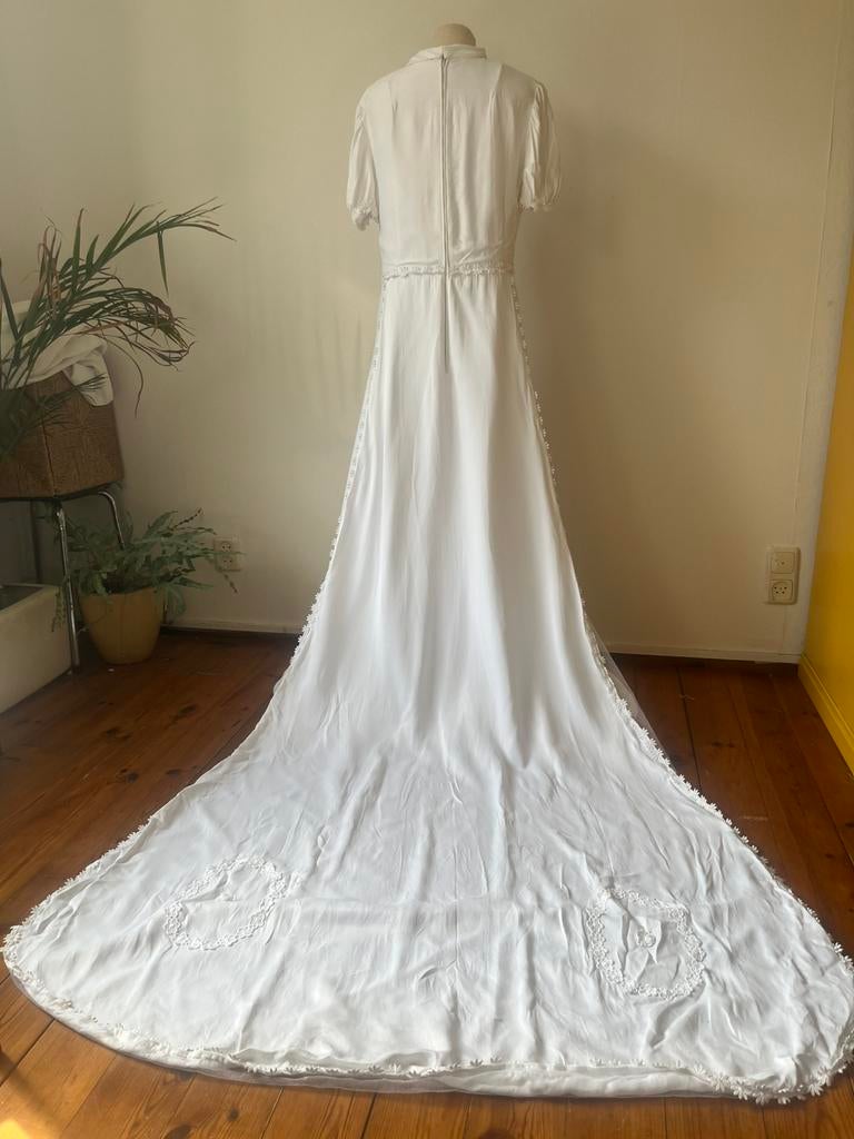 Vintage trouwjurk | wit | daisy kant | sleep | '70 | mt 36, Ophalen of Verzenden