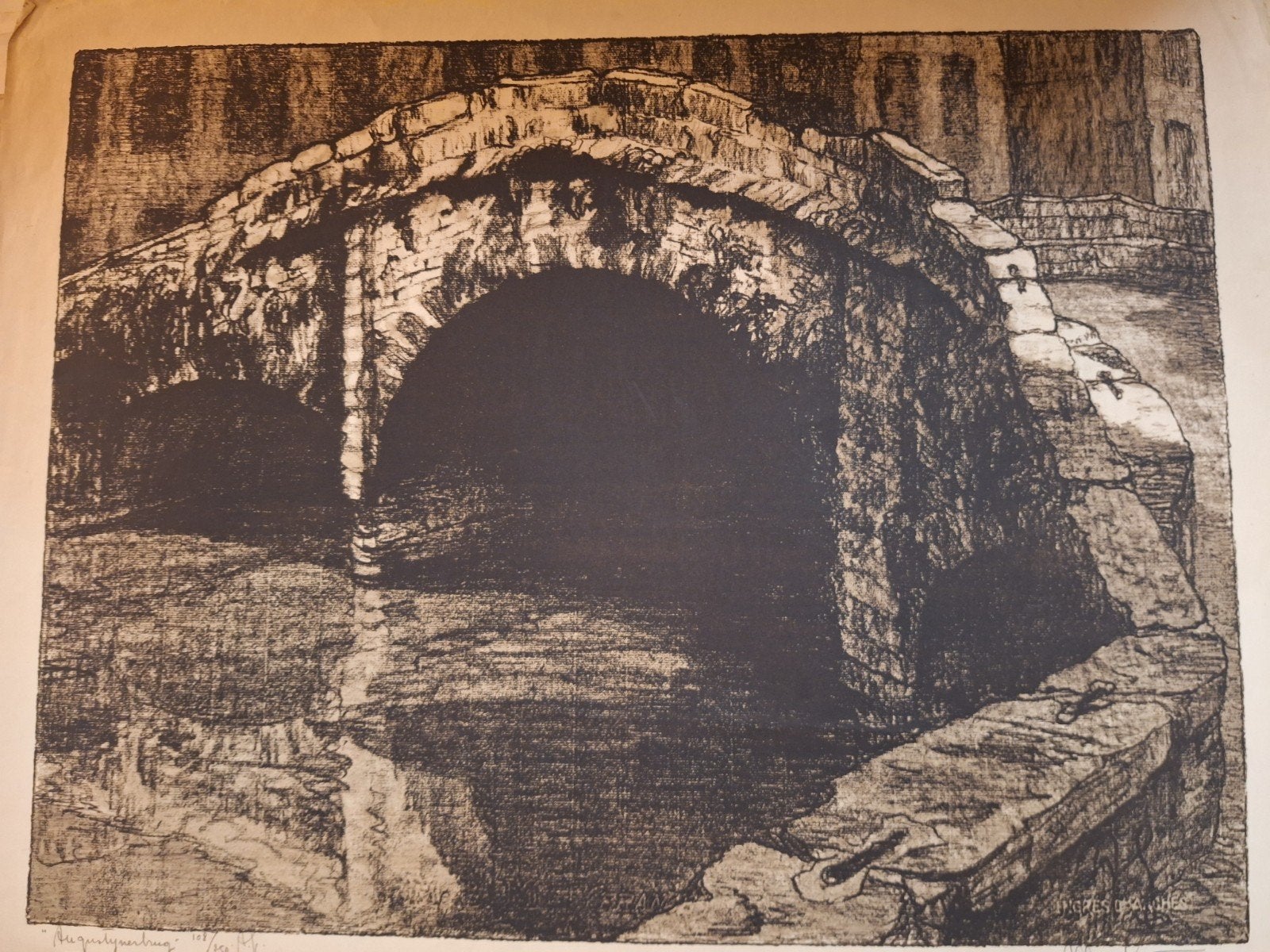 Ets 'Brug' door Korthals - Landschap met architectuur, Ets, Ophalen of Verzenden, Gesigneerd, Landschap