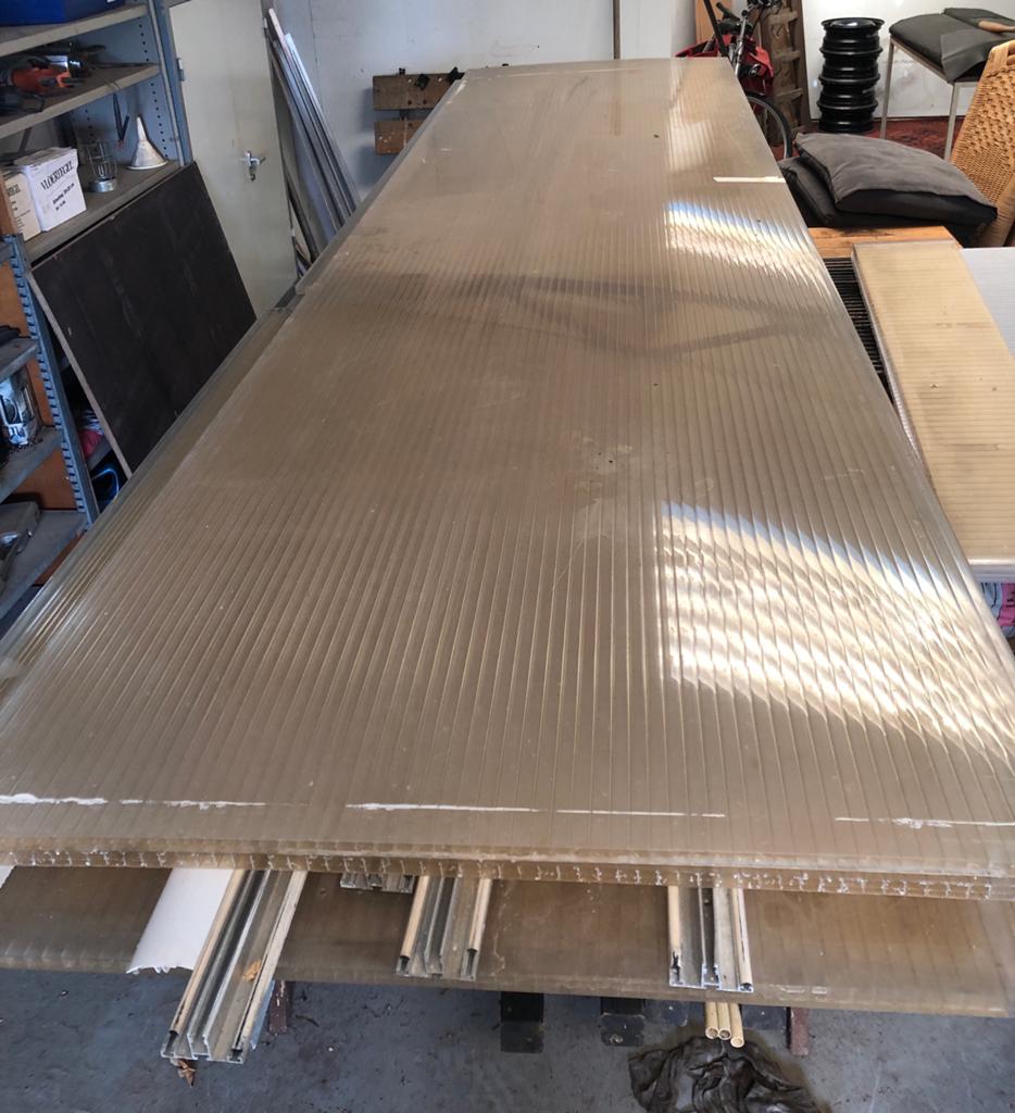 22 m2 polycarbonaat kanaalplaten, 5x ca. 980x3750x16, helder, Ophalen, Gebruikt, Overige materialen, Minder dan 20 mm