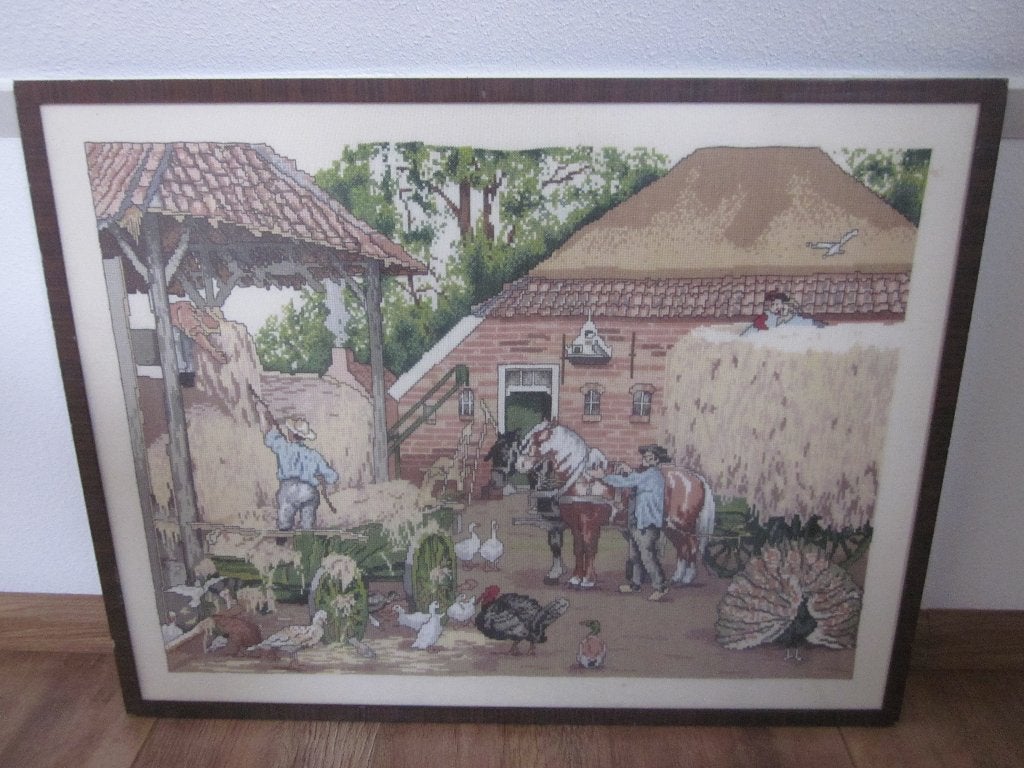 Geborduurd groot schilderij "De Laatste Hooivracht" C.Jetzes, Ophalen of Verzenden, Zo goed als nieuw, Handborduren, Onderdeel of Toebehoren