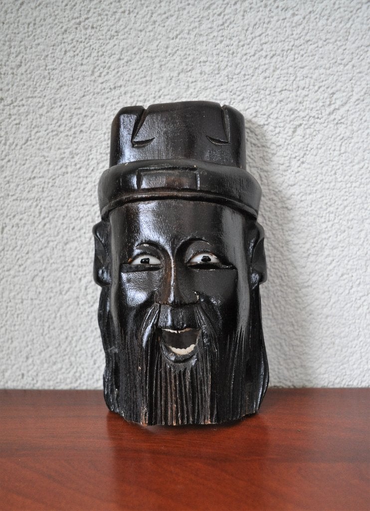 Vintage Chinees Chinese Wijze Man Masker Houtsnijwerk 15 cm, China, Ophalen of Verzenden, Gesneden, Hout