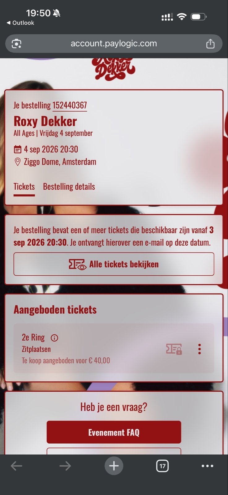 Roxy dekker ticket voor 4 september. 2e ring zitplaats., Tickets en Kaartjes, Eén persoon, September