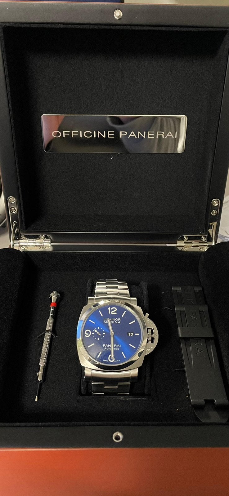 PANERAI Luminor Marina Blue Stainless Steel -44MM - PAM01313, Leer, Verzenden, Polshorloge, Zo goed als nieuw