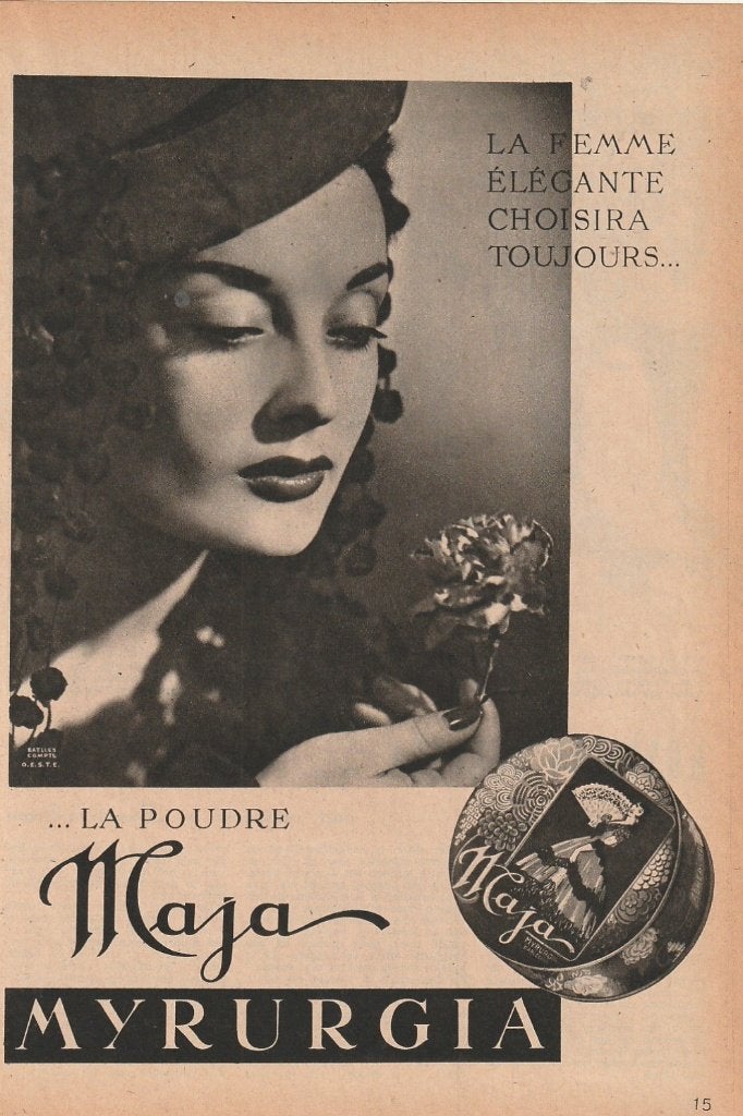 Retro reclame 1950 Myrurgia Maja vrouw met poedercreme, Verzenden, Overige typen