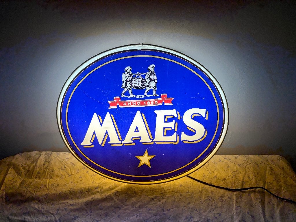 Originele Maes lichtreclame werkend authentiek TL-binnenwerk, Ophalen, Gebruikt, Reclamebord, Plaat of Schild, Overige merken