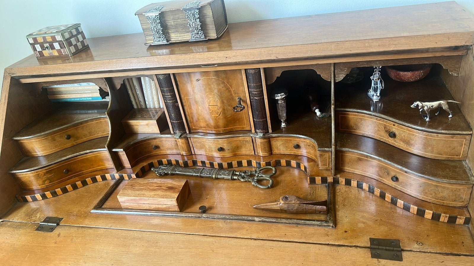 Antiek Biedermeier secretaire damesbureau intarsia rand, Ophalen, Gebruikt