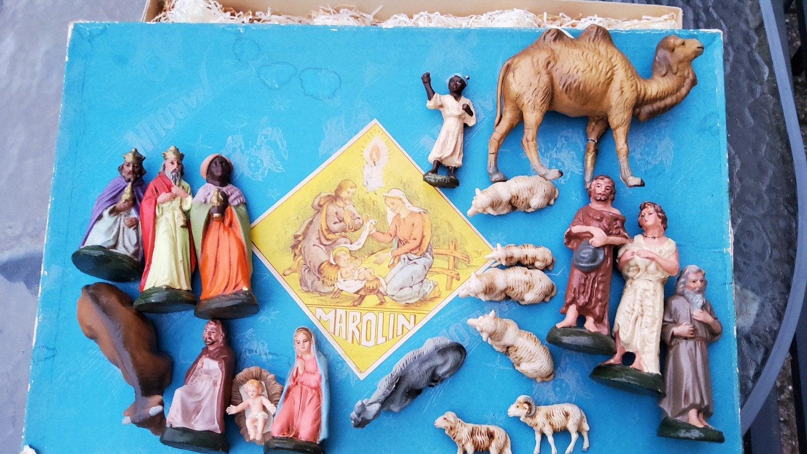 Antiek Marolin Papier Mache kerstgroep originele verpakking., Diversen, Ophalen of Verzenden