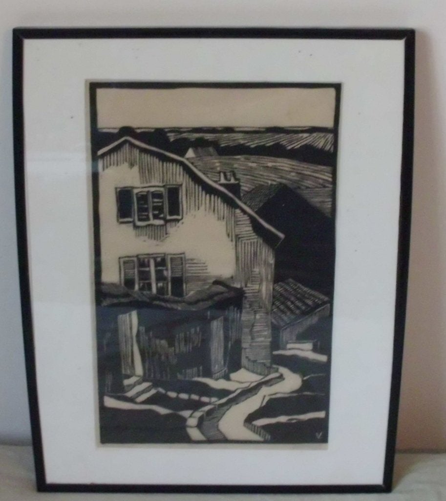 Houtsnede,  huisje in de heuvels ., Ingelijst, Ophalen of Verzenden, Gravure, Landschap