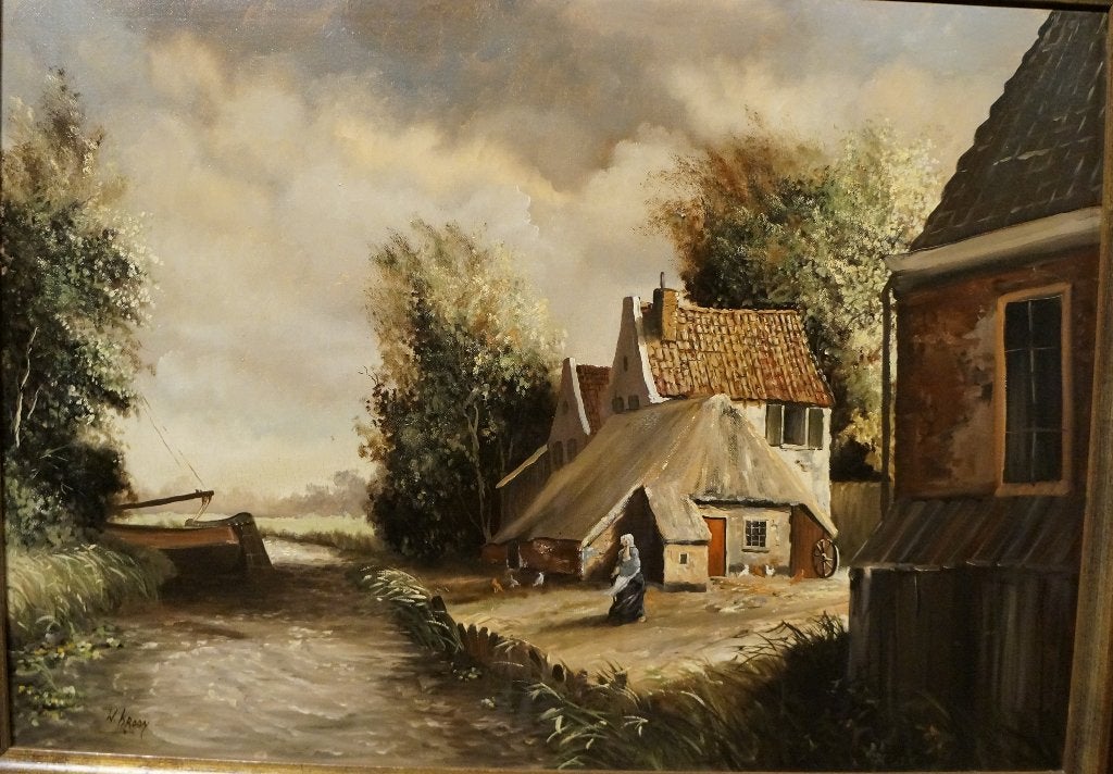 Hollands Landschap Boerderij olieverf Willem Kroon schilder, Ophalen, Doek, Olieverf, Klassiek
