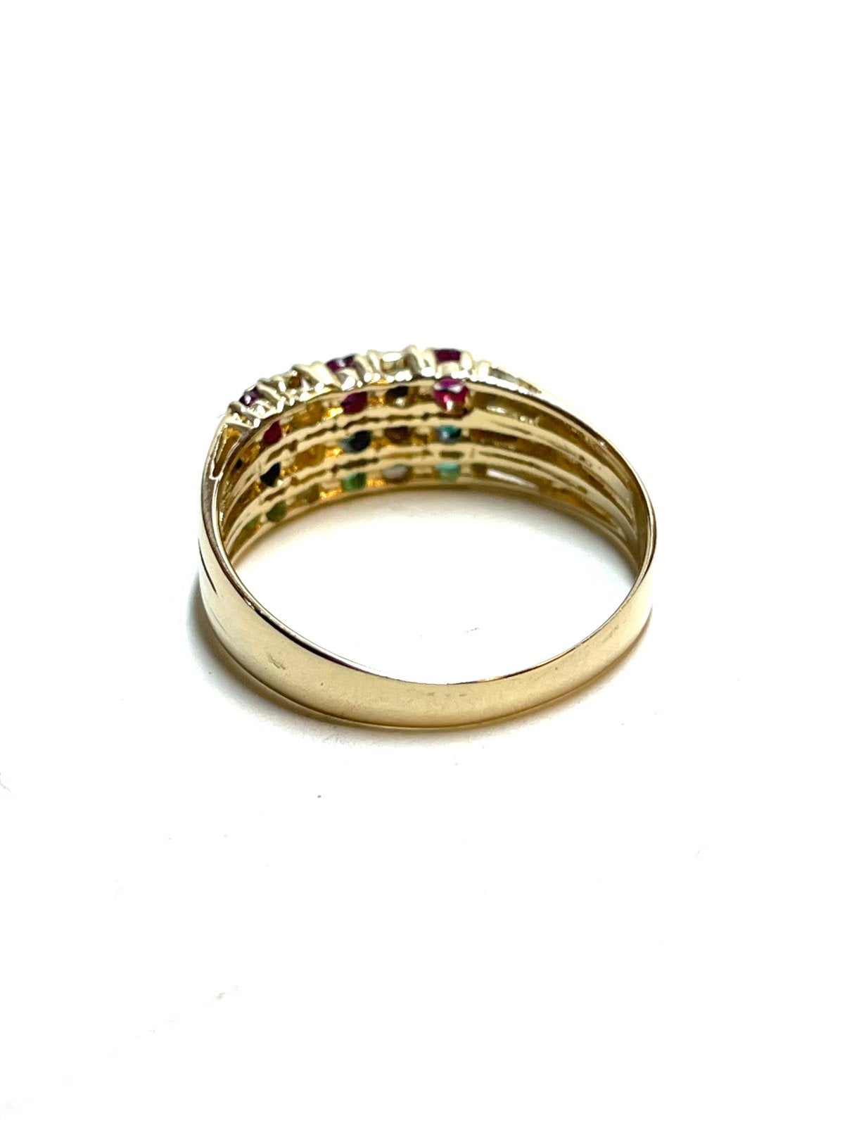 14k gouden ring met robijn, smaragd, saffier en diamant, 18 tot 19, -, -, Ophalen of Verzenden