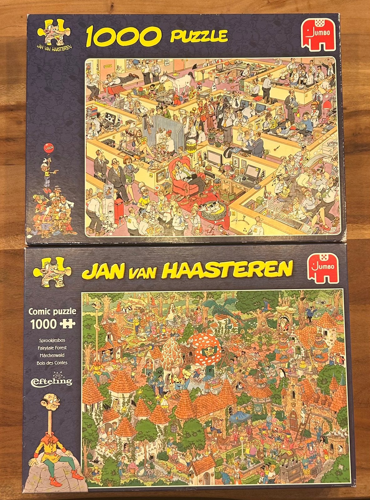 2 Jan van Haasteren puzzels: sprookjesbos en kantoor, Ophalen of Verzenden, 500 t/m 1500 stukjes, Zo goed als nieuw