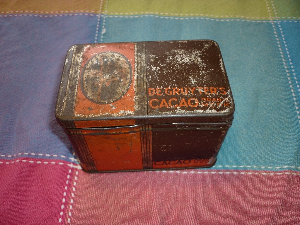 Vintage De Gruyter cacaoblikje uit de jaren '30, Ophalen of Verzenden, Gebruikt, Overige