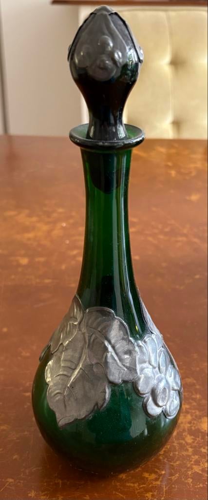 Antieke Groene Wijn Karaf met Tinnen Beslag, Ophalen of Verzenden
