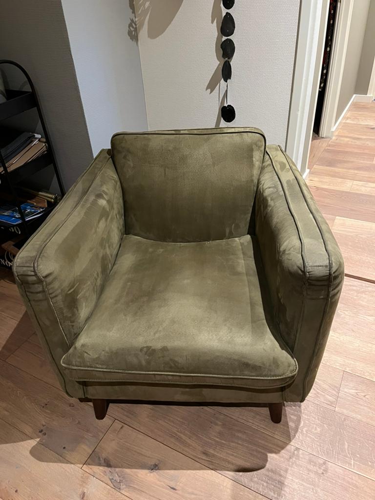Fauteuil groen suède, Ophalen, Zo goed als nieuw, 75 tot 100 cm, 75 tot 100 cm