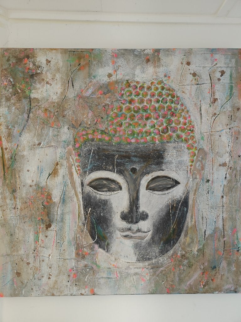 Buddha Boeddha canvas schilderij doek 1 mtr x 1 mtr, Ophalen, Zo goed als nieuw, Schilderij, 75 tot 100 cm