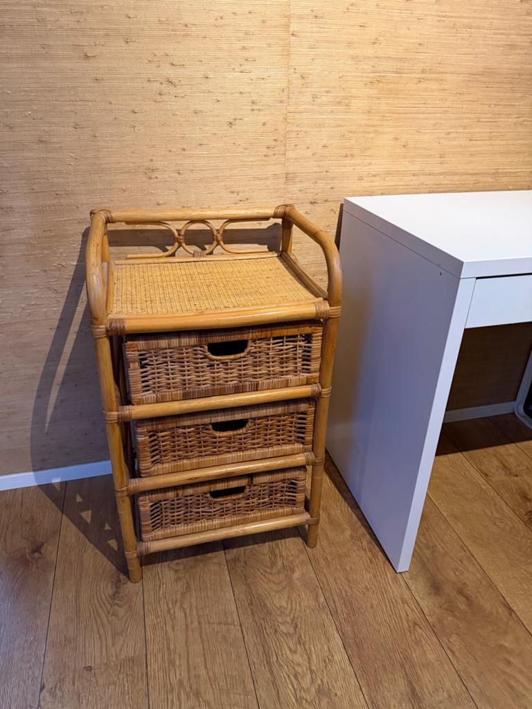 Vintage rotan ladekastje met 3 lades, Ophalen, Overige materialen, Minder dan 50 cm, Gebruikt