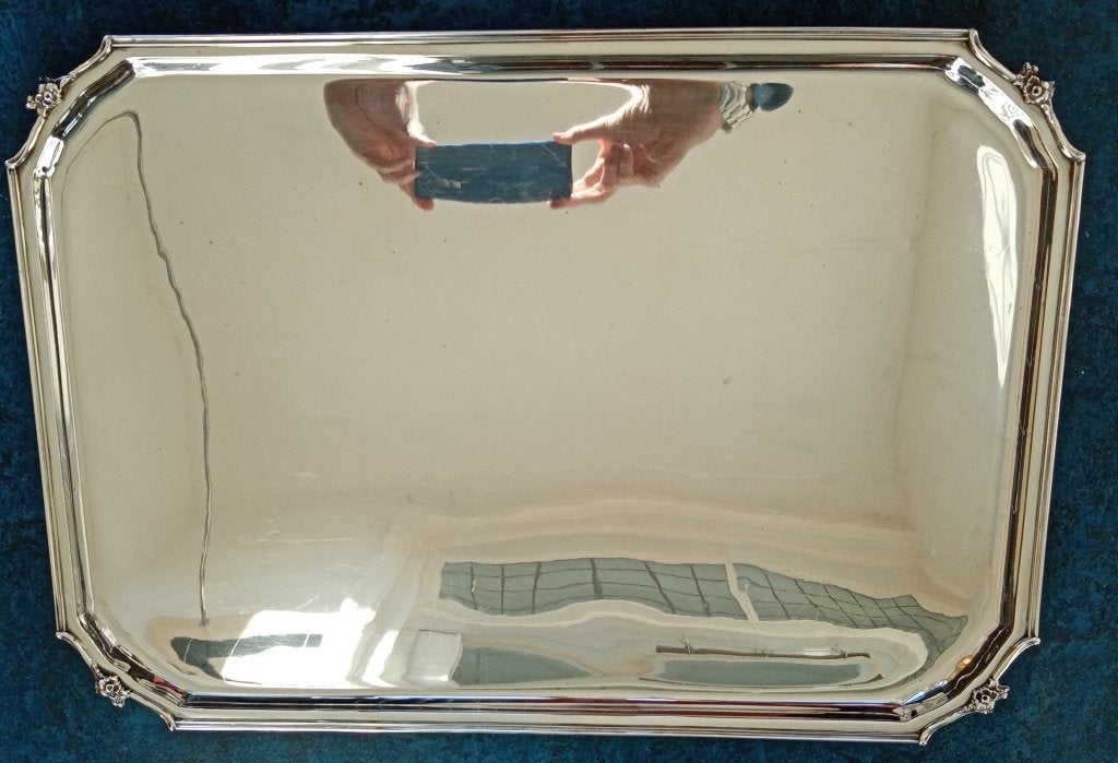 Groot rechthoekig zilveren dienblad 54 cm Massief 835 zilver, Ophalen of Verzenden, Zilver