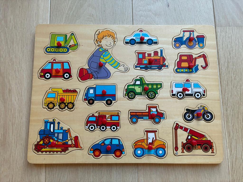 Houten puzzel voertuigen 18 stukjes, Ophalen of Verzenden, Gebruikt, Puzzelen