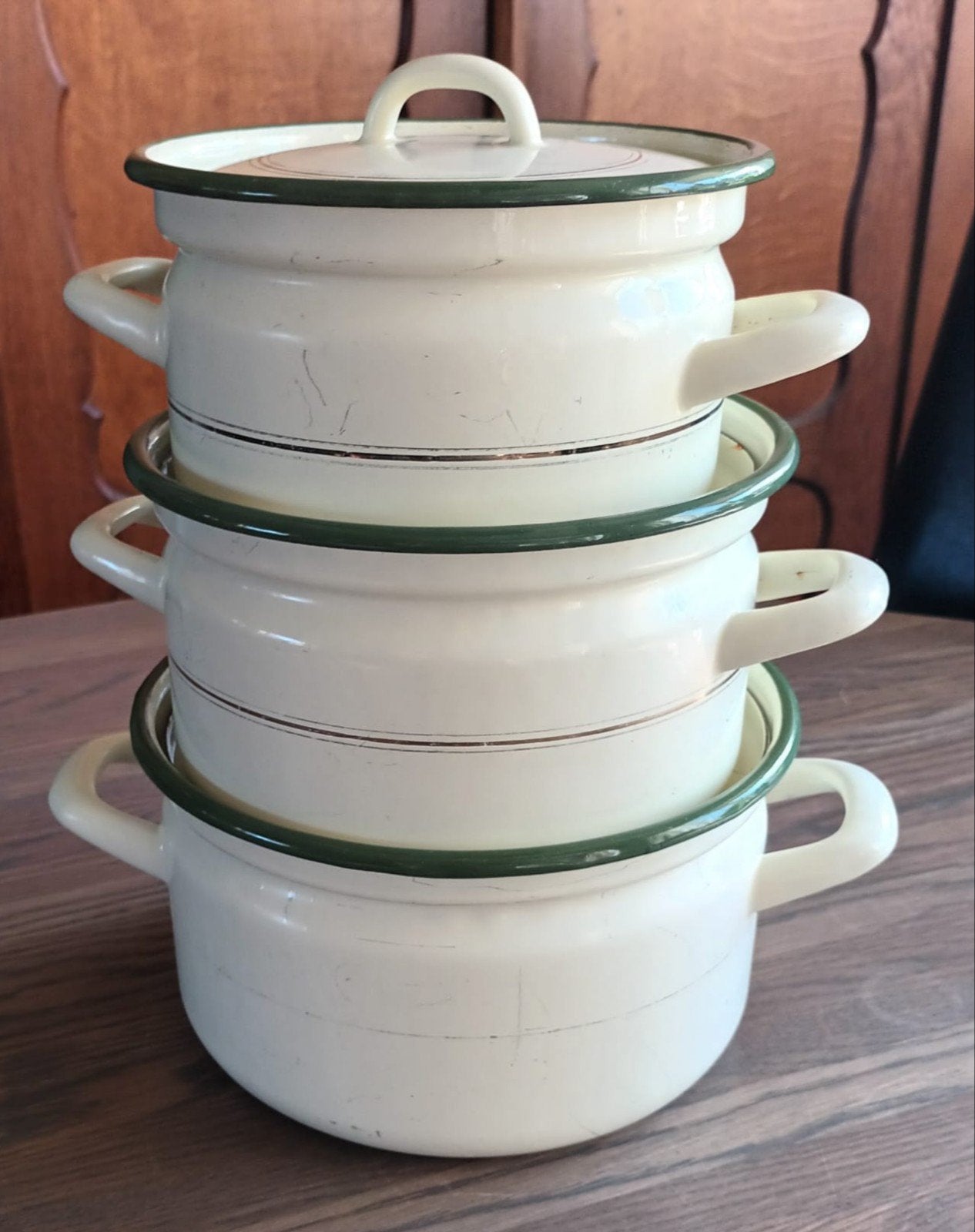 Vintage Emaille Pannenset - Crème met Groene Rand (3 stuks), Antiek en Kunst, Ophalen of Verzenden
