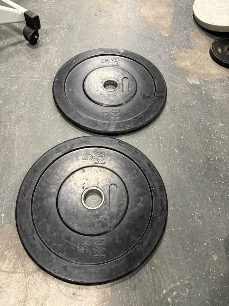2 x 5 kg Olympische bumperplates olympische halter schijven, Halterschijven, Gebruikt, Bumperplates, 2 x 5 kg