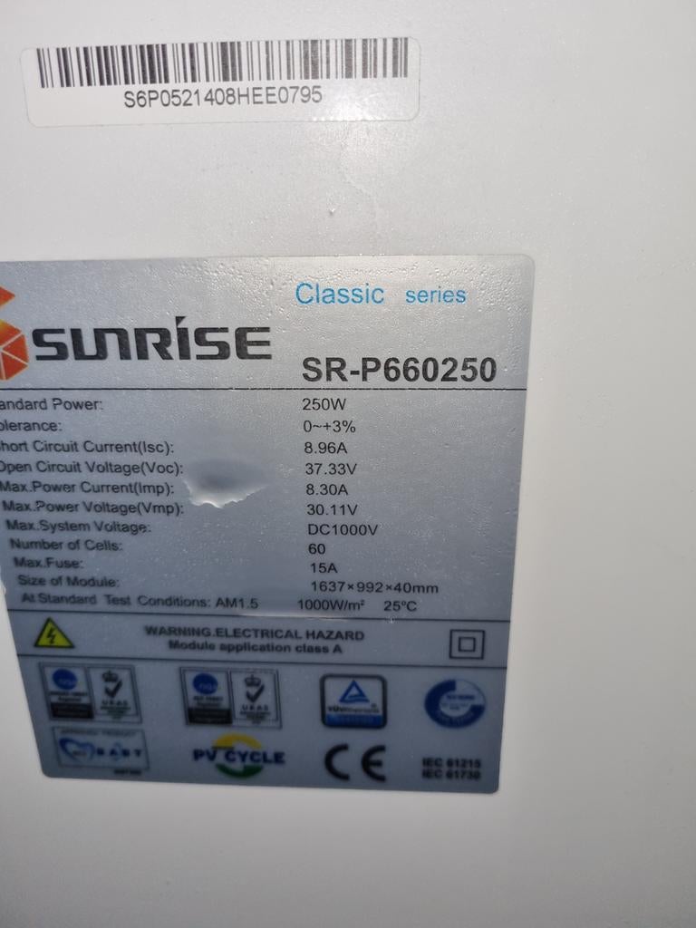 Sunrise zonnepanelen ,250wp, met onderbouw, Ophalen of Verzenden, Paneel