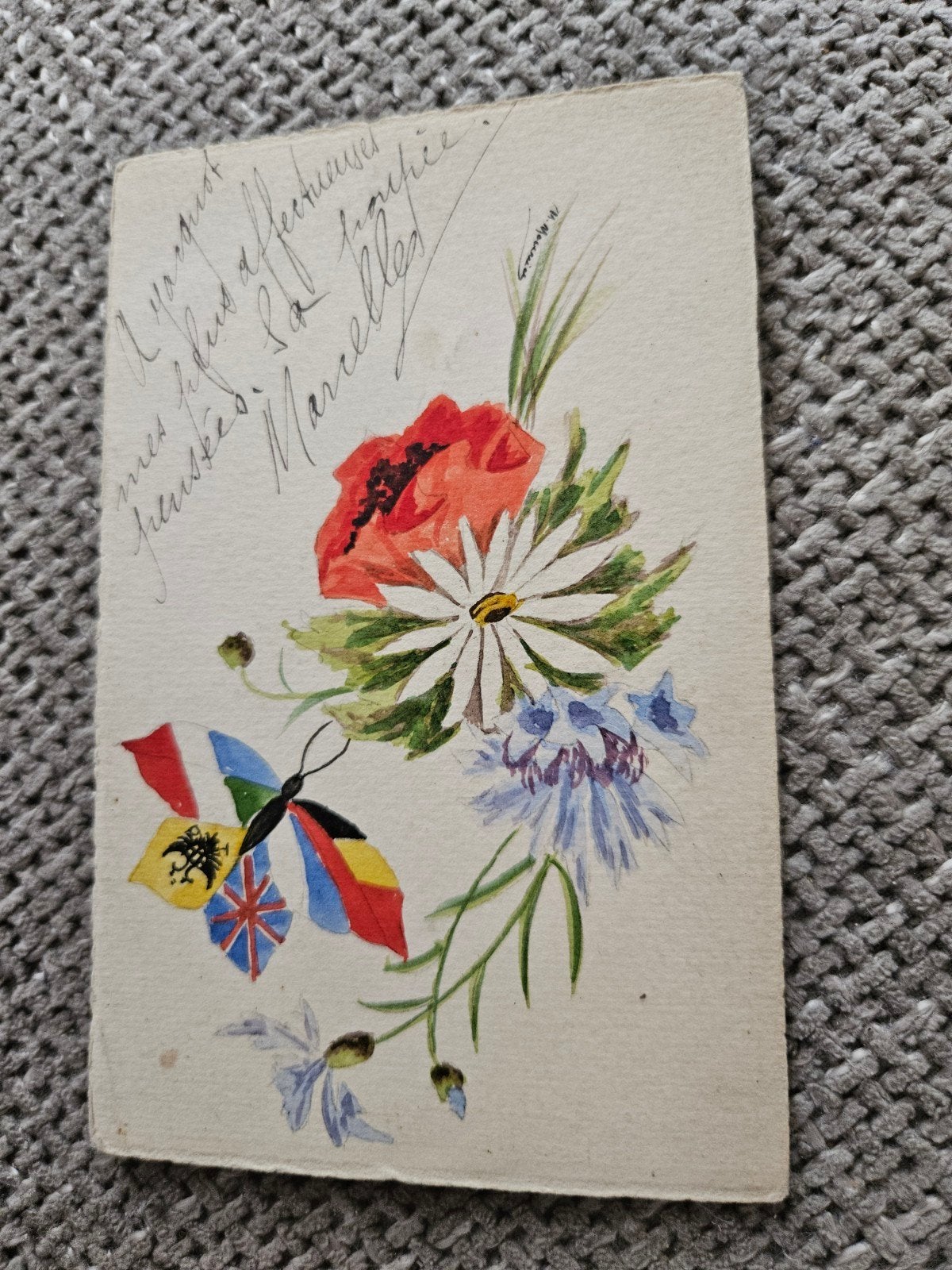 WOI - Vlinder met vlaggen en bloemen, Ophalen of Verzenden, Voor 1920, Gelopen, Politiek en Historie
