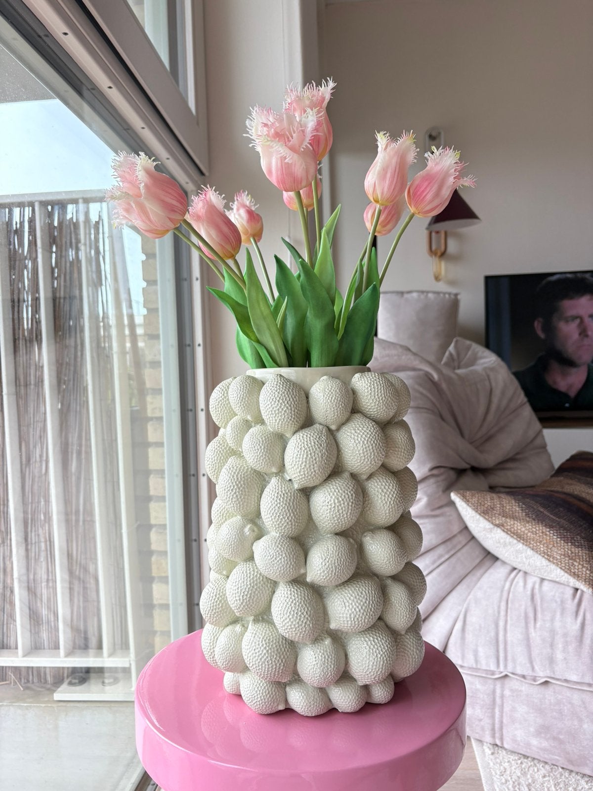 Limoen vaas met kunst tulpen, Ophalen, Zo goed als nieuw, Inclusief decoratie, Groen