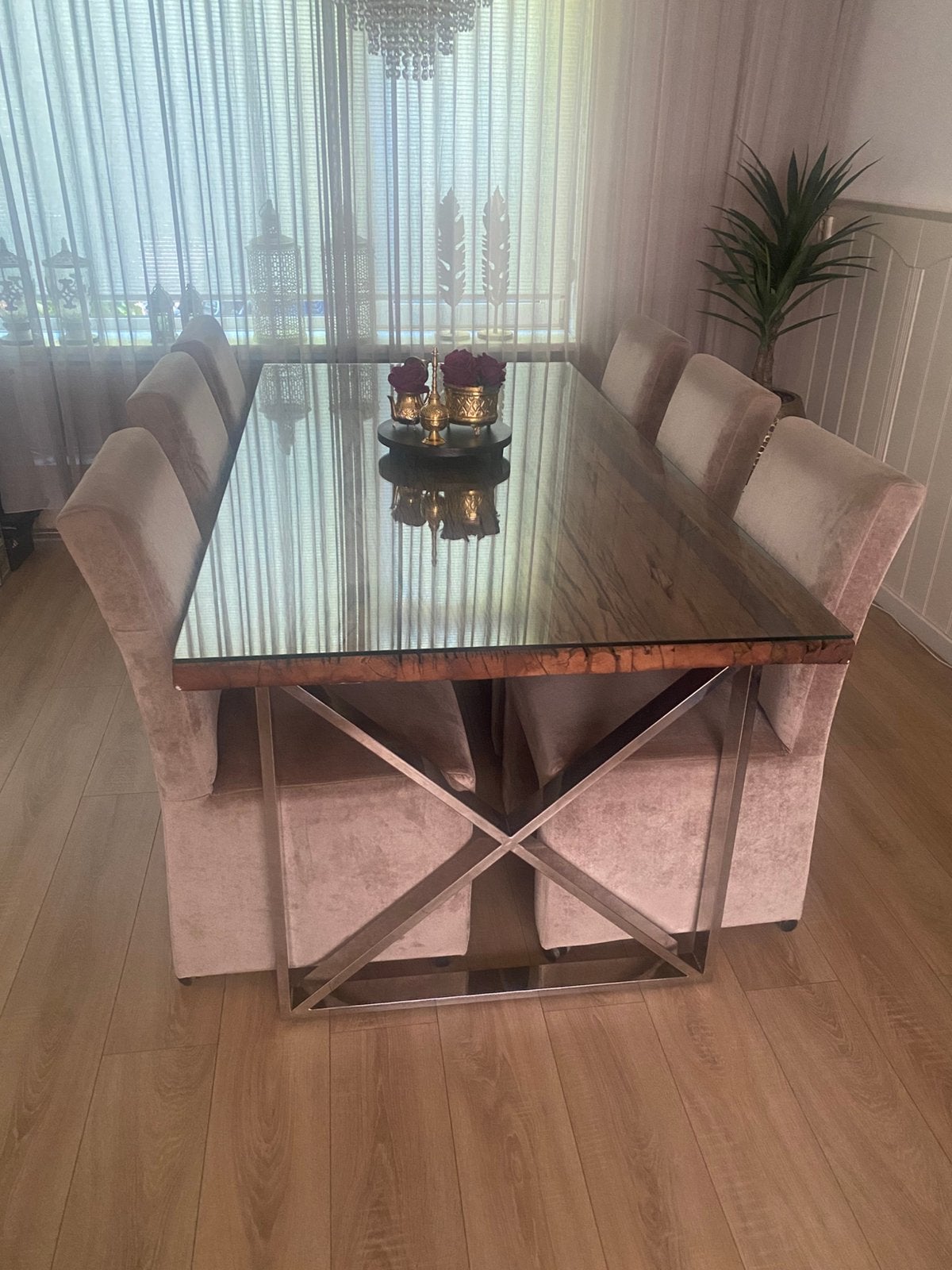 Richmond eettafel met glasplaat en 6 stoelen., Gebruikt, Richmond, 200 cm of meer, Vijf personen of meer